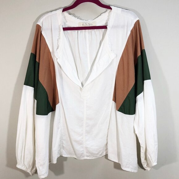 WE THE FREE/FREE PEOPLE Beating Hearts Color Block Linen Blend Oversized Top L - Picture 4 of 15